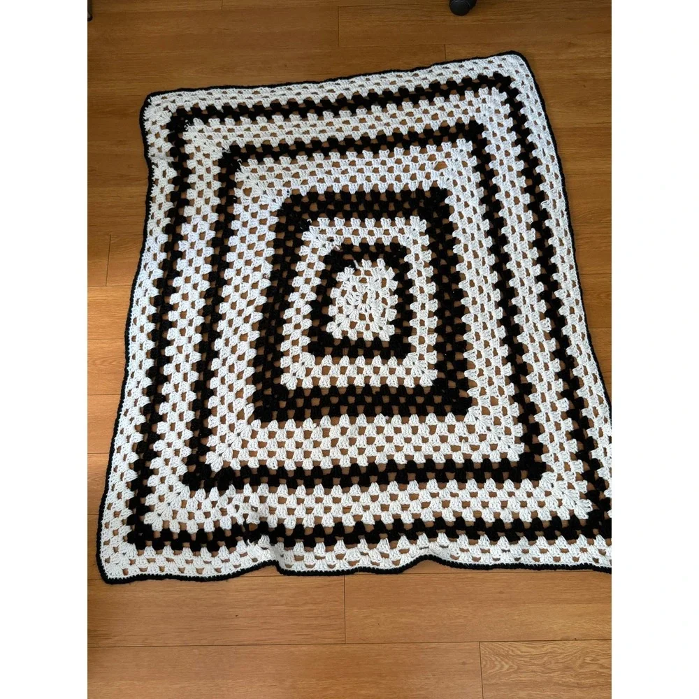 Handmade Crochet Granny Square Afghan Blanket Black White Geometric Throw